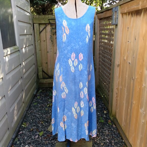 Vintage Hawaiian Dress Sz Medium Blue Tropical Leaf Batik Maxi Long Boho Hippy - Picture 1 of 13